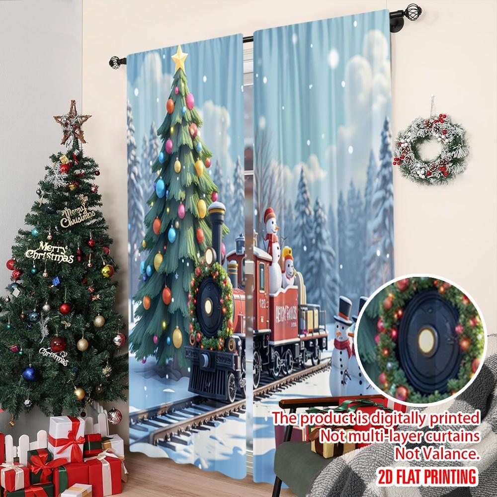 2pcs 2D flat printing Popular Christmas curtains Day Christmas Train Scene Digital Printed Polyester Drapes Holiday Decorations