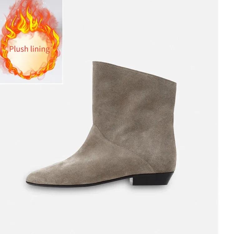 Fashion New Fashion Black Lazy Pleated Cow Suede Ankle Boots Autumn Winter Round Head Low-heel Short Plush Warm Women Boot Size 34-43