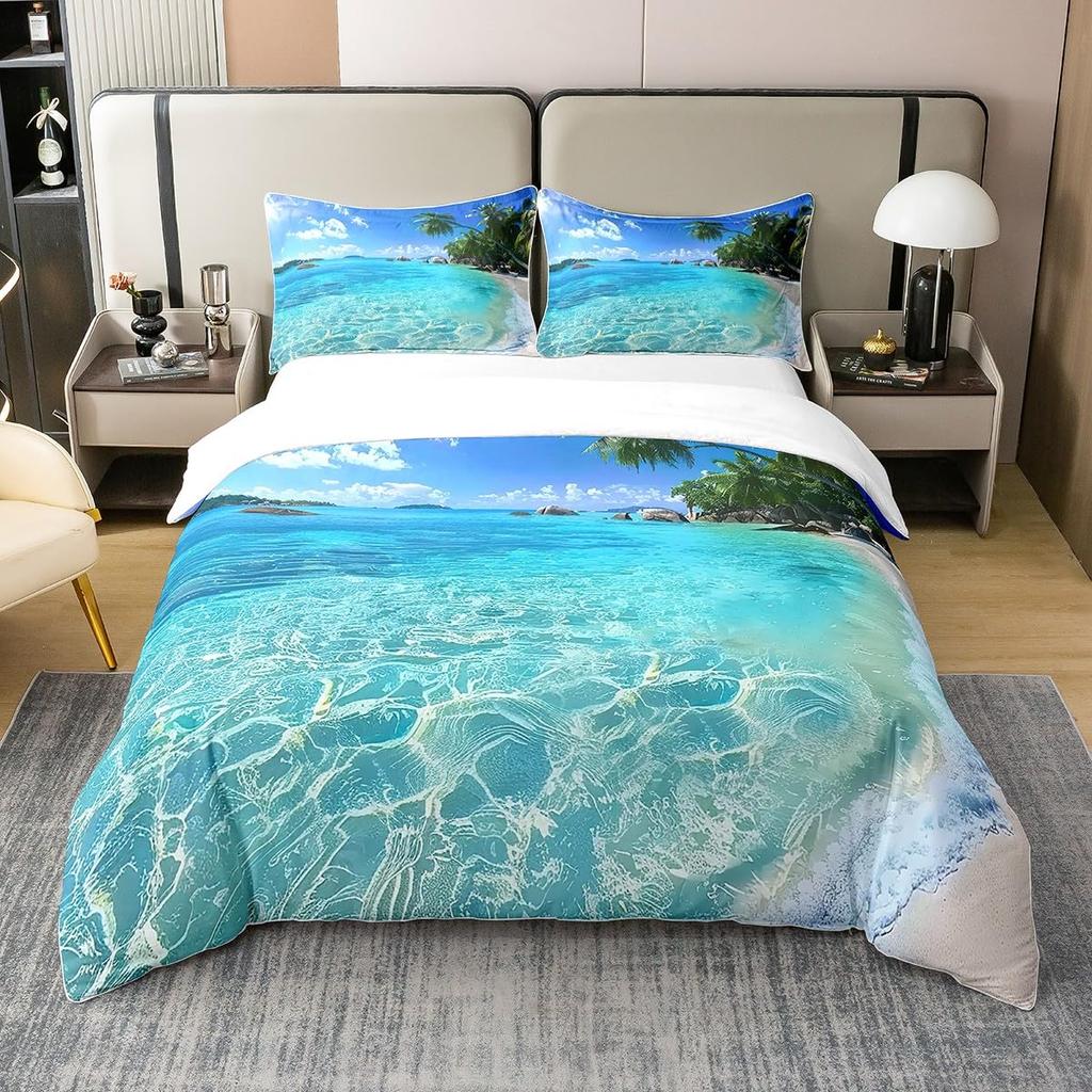 Beach Comforter Cover, Coastal Duvet Covers Queen,Teen Girls Boys Starfish Decor Microfiber Quilt Cover, Beach Themed Bedding