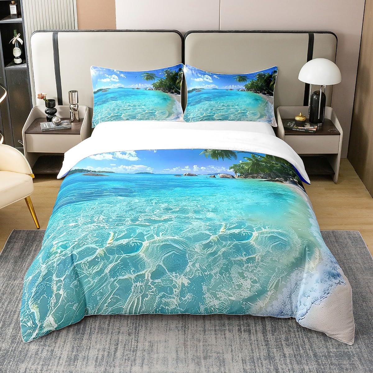 

Beach Comforter Cover, Coastal Duvet Covers Queen,Teen Girls Boys Starfish Decor Microfiber Quilt Cover, Beach Themed Bedding (135x200cm)