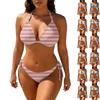 Women's Casual Two Piece Bikini Set Halter Neck Top with Adjustable Tie Side Bottoms Lightweight Fabric Striped Print Swimwear