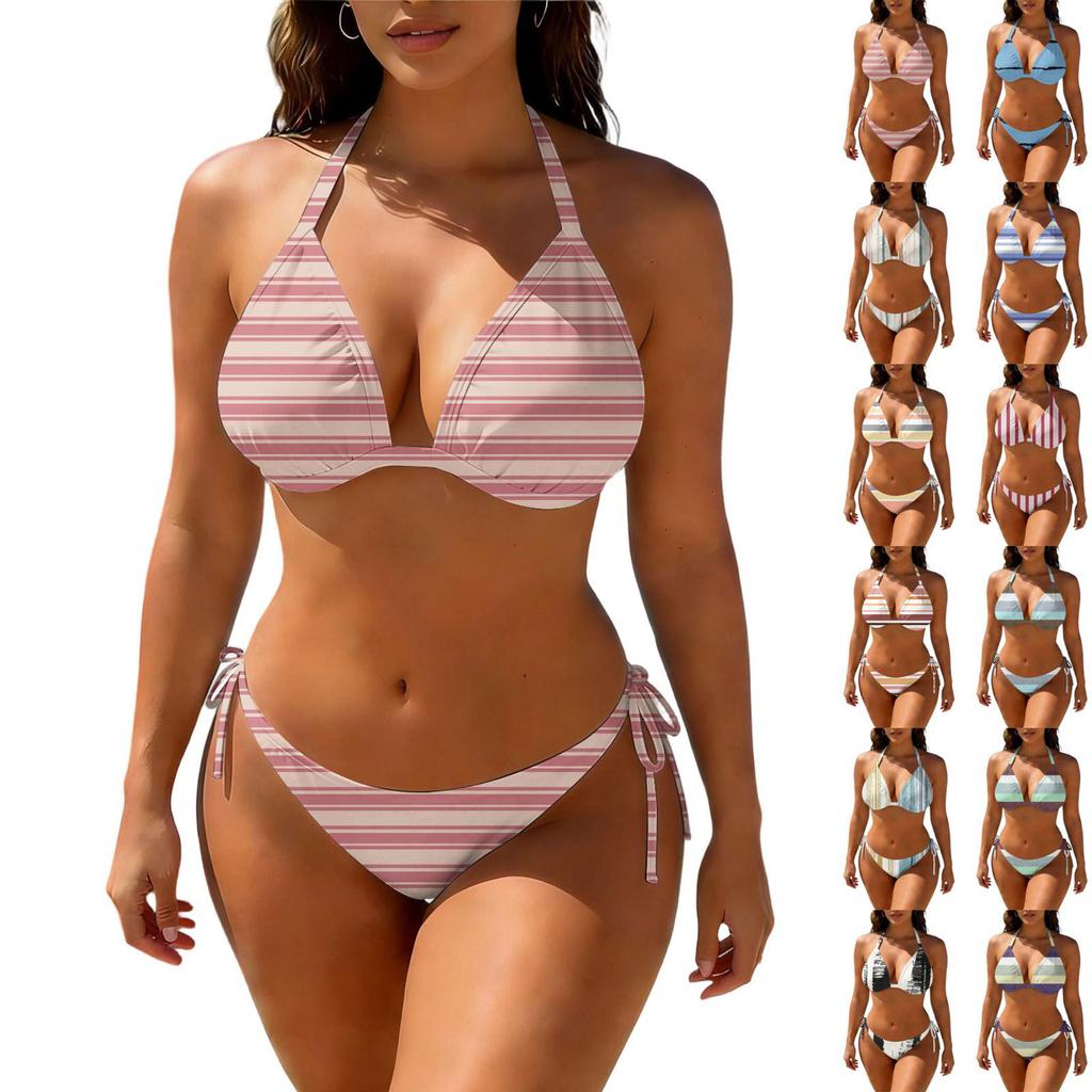 Women's Casual Two Piece Bikini Set Halter Neck Top with Adjustable Tie Side Bottoms Lightweight Fabric Striped Print Swimwear
