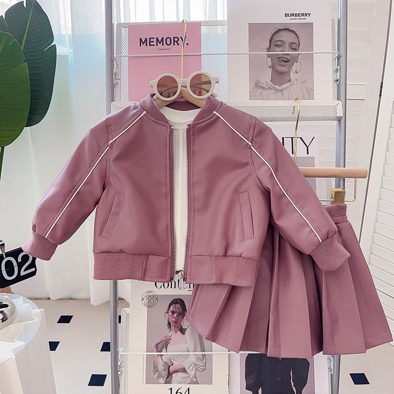 Girls' Spring & Autumn Leather Jacket & Pleated Skirt Set - BCA389