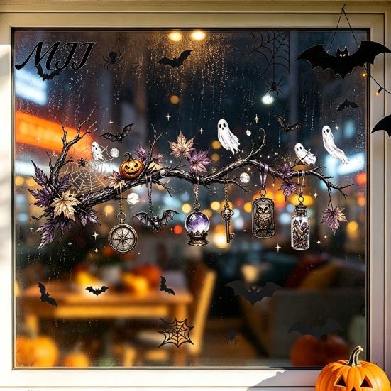 Horror Themed Window Accents 2 Sheets Halloween Stickers, Bat Spider Web Static Cling Decals, Indoor Outdoor Holiday Supplies Ghost Pumpkin Waterproof