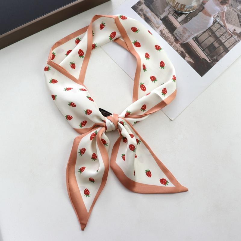 Sweet Strawberry Print Women Small Silk Scarf Handle Bag Ribbons Female Head Scarves Sharp Angle For Women  100*9cm