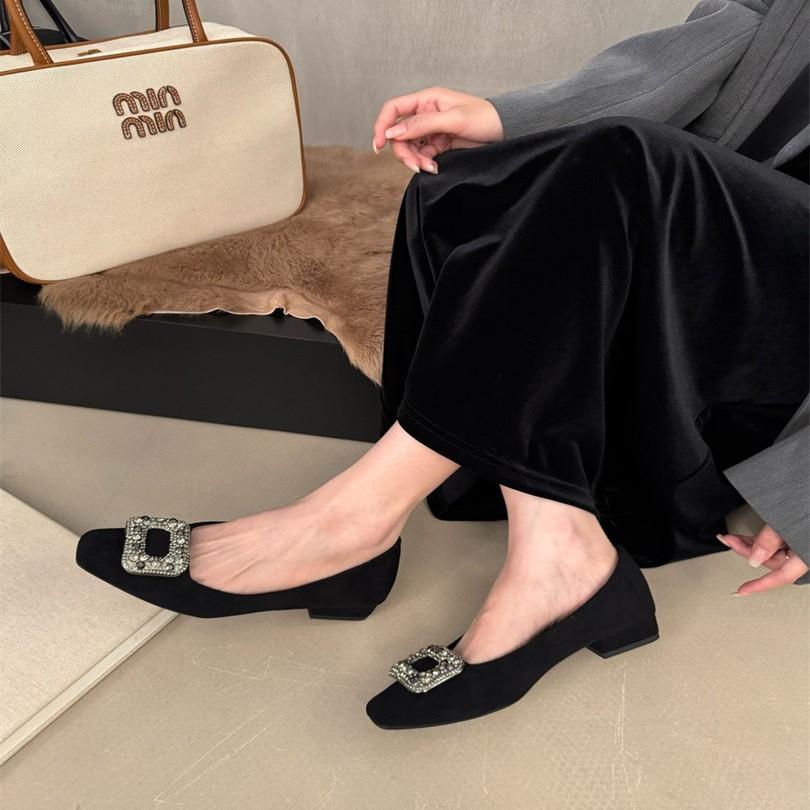 2025 New Spring Matte Leather Shallow Mouth Single Shoes Women's Thick Heel One Pedal Flat Leather Shoes Doudou Shoes