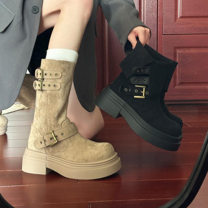 Retro medium boots women's new fashion versatile casual thick heel belt buckle knee knight boots