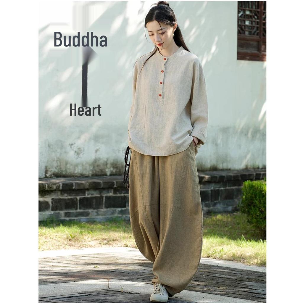 Women's Cotton Linen Zen Meditation Suit with Frog Button Shirt