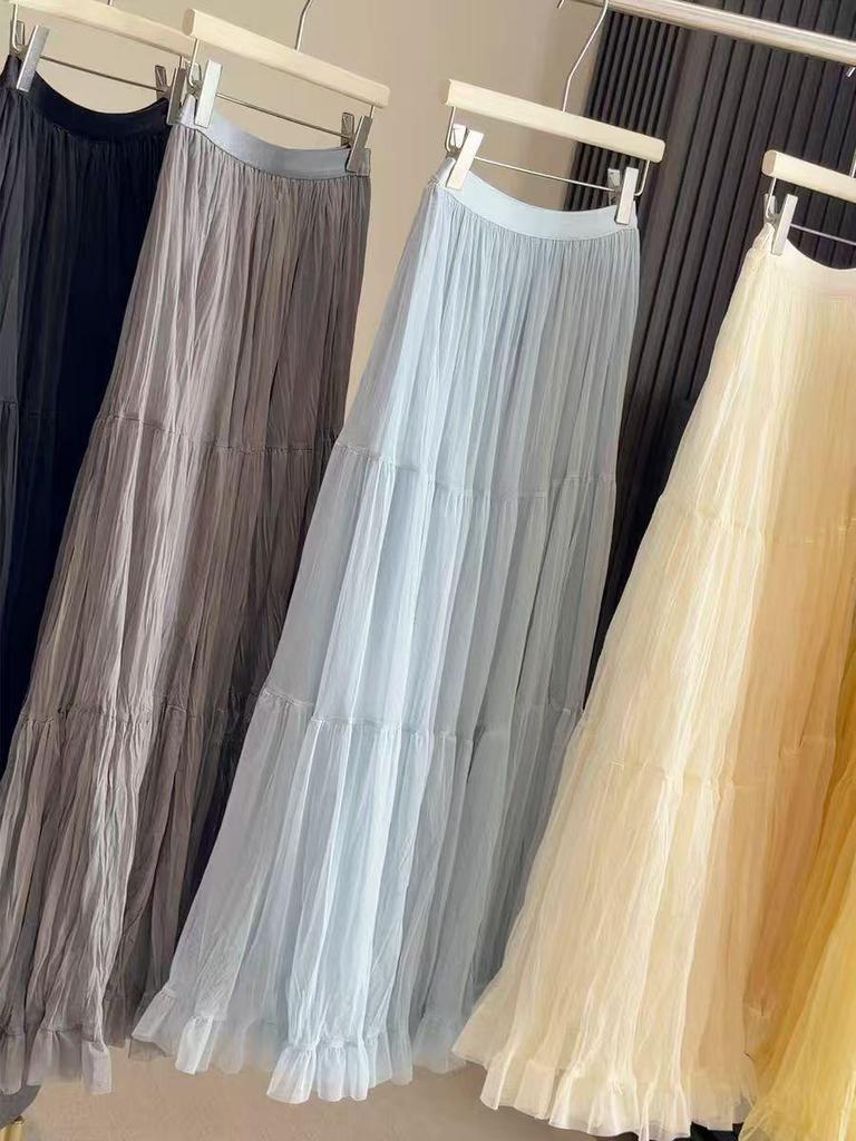 Korean-Style Solid Color Mesh Spliced A-line Skirt for Women - Elegant, Slimming, Versatile, Wide Hem for Spring & Autumn