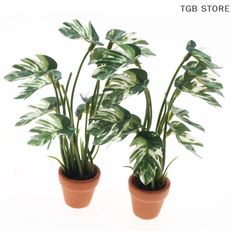 1Pcs Green Monstera Plant Potted Home Decoration Garden Bonsai Model 1/12 Dollhouse Simulation Micro Landscape