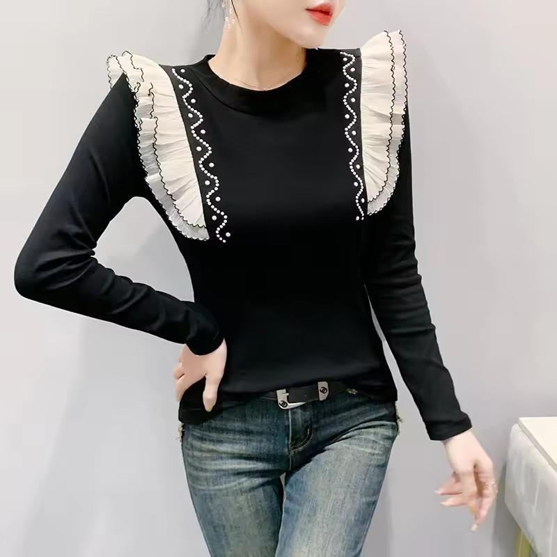 Spring Autumn Women's Black Clothes T-Shirt Sexy O-Neck Beading Pearls Tees Elegant Female Ruffles Long Sleeve Brand Tops