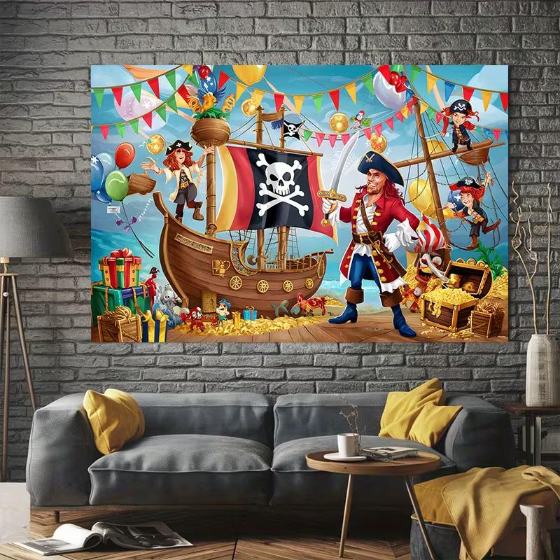 2D buntes Piratenabenteuer Geburtstagsfeier Banner mit Wimpelketten