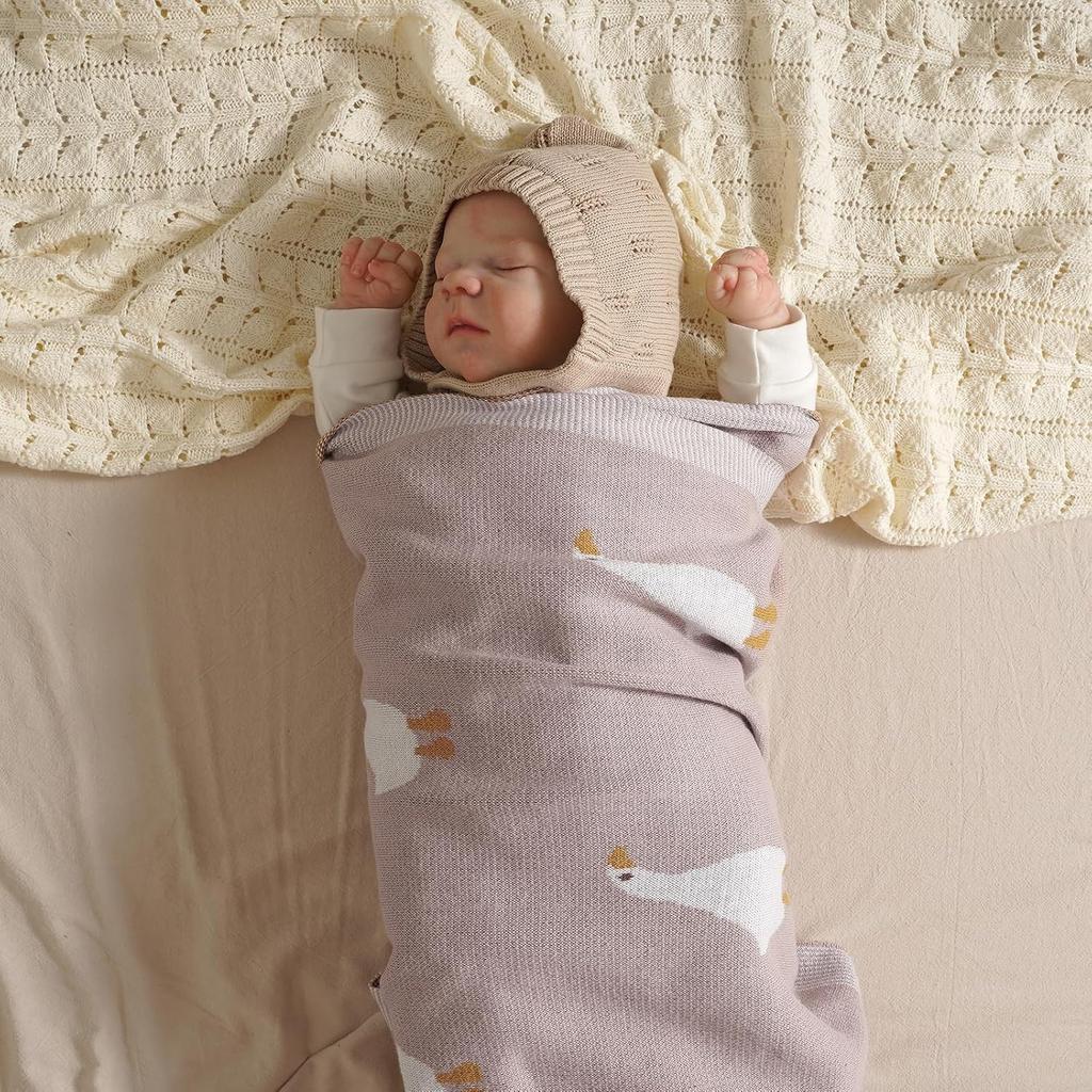 mimixiong Baby Blanket Knit Receiving Boys Girls Blanket Soft Cotton Neutral Blanke for Swaddle Crib Stroller with Cute Goose