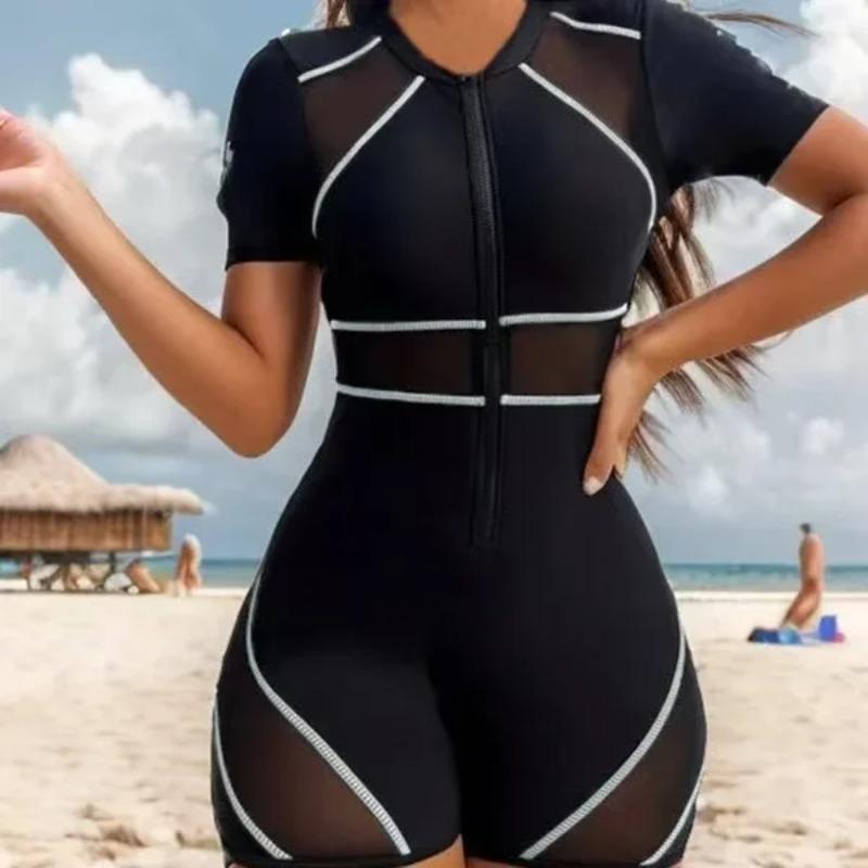 

Short Sleeve Surfing Suit Black One Piece Swimsuit Women 2026 Patchwork Sexy Soft Swimwear Sporty Swimwear Zippy Bathing Suit S