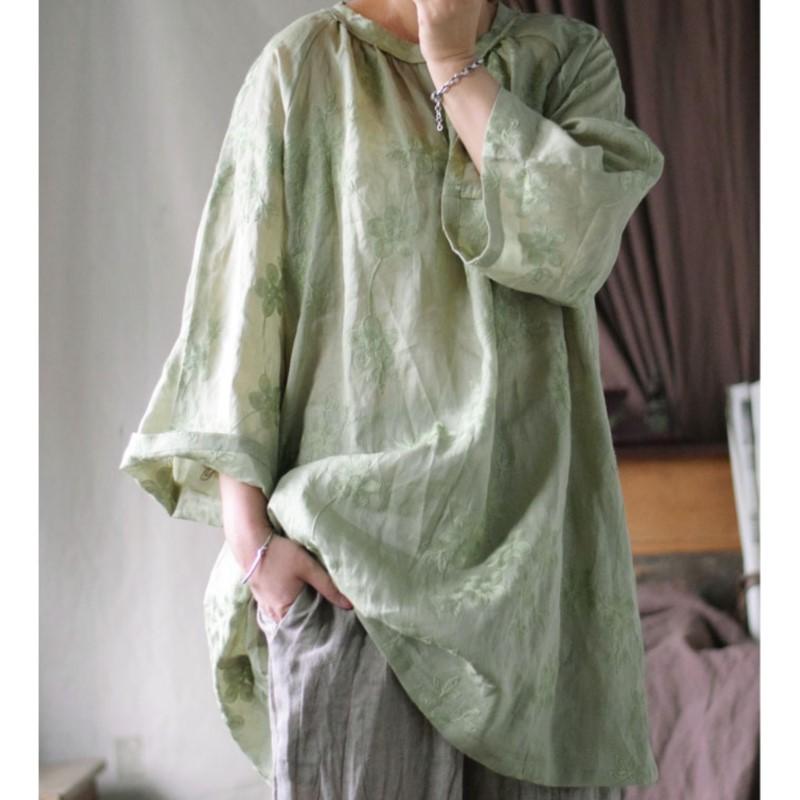 Johnature Women Vintage Embroidery Floral Tops O-Neck Long Sleeve Spring Solid Color Loose Women Shirts