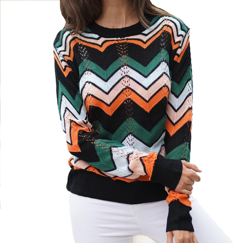 Women's Fashion Sweater With Loose Stripes And A Knit Round Neck