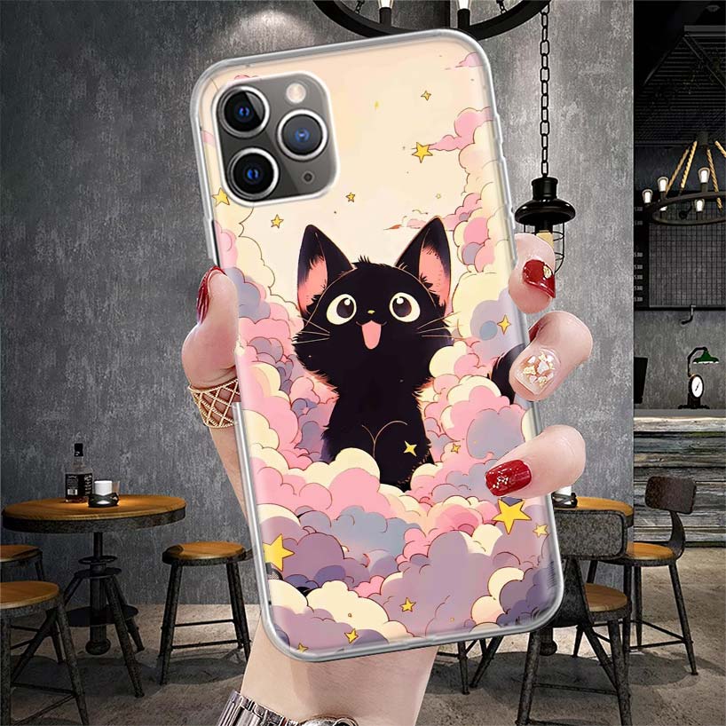 Anime Cute Black Cat Meow Soft Phone Case For IPhone 11 17 Air 16E 16 Pro Max 15 + 14 Plus 13 Mini 12 Apple 7 SE 8 Fundas Coque