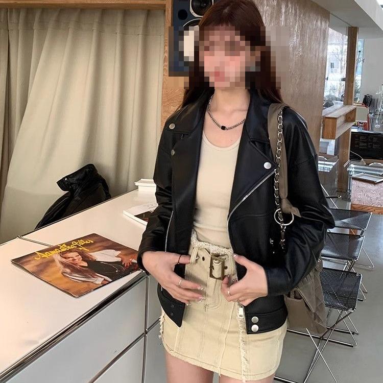 Women's Hong Kong Style Retro PU Leather Coat, Spring and Autumn Motorcycle Jacket