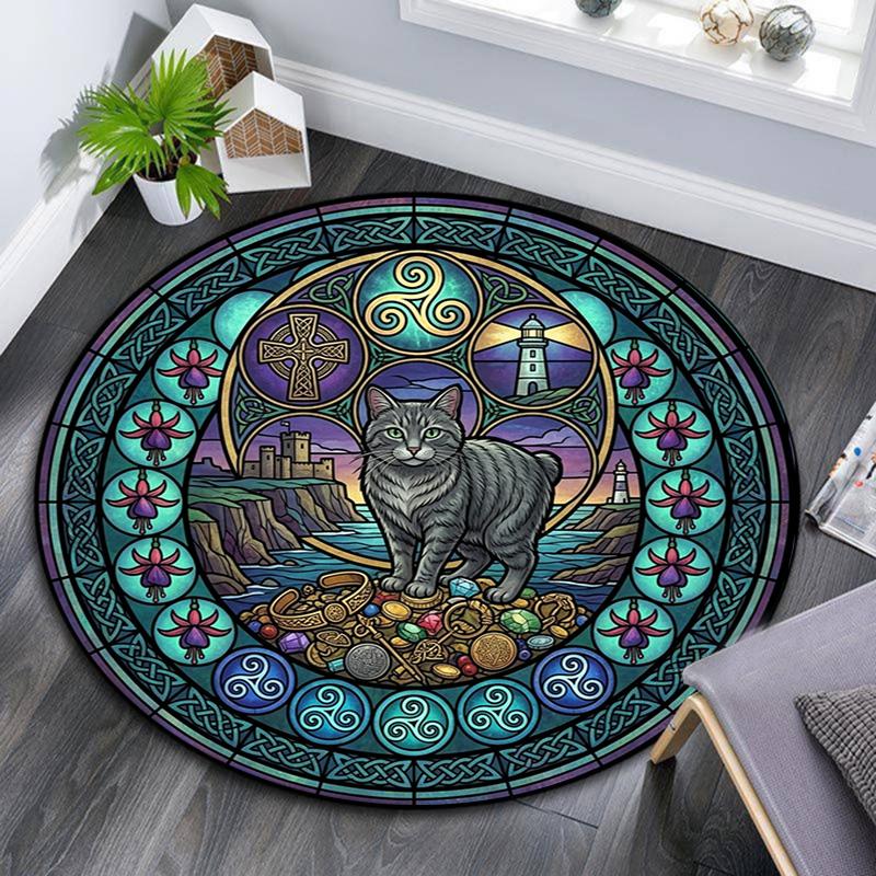 Glass Cat Mandala Round Area Rug Under Office Chairs Bedroom Living Room Home Decor
