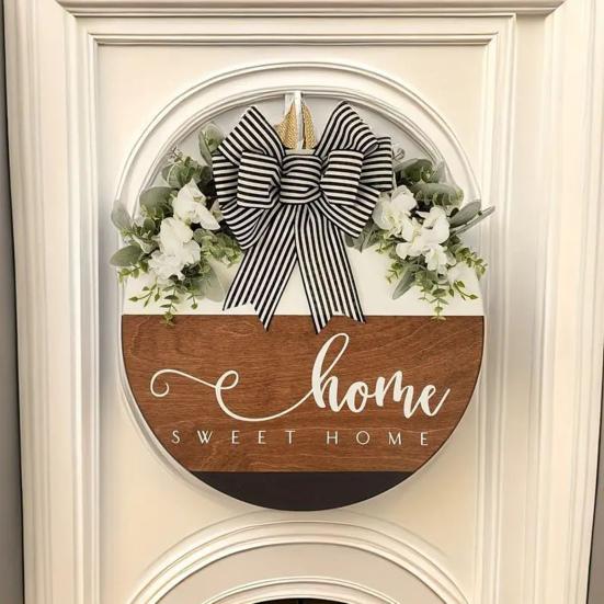 Yousheng Hölzliches Willkommensschild Haustür Willkommensschild mit Schleife 30 cm Durchmesser Rundes Schild für Zuhause Veranda Tür Einzugsgeschenk