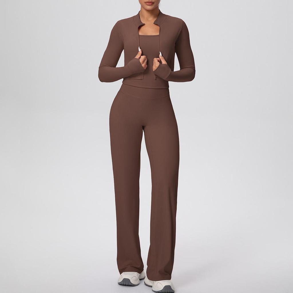Women's High-Waisted Yoga Set: I-Beam Vest, Wide-Leg Pants, Skin-Friendly Sports Zipper Jacket