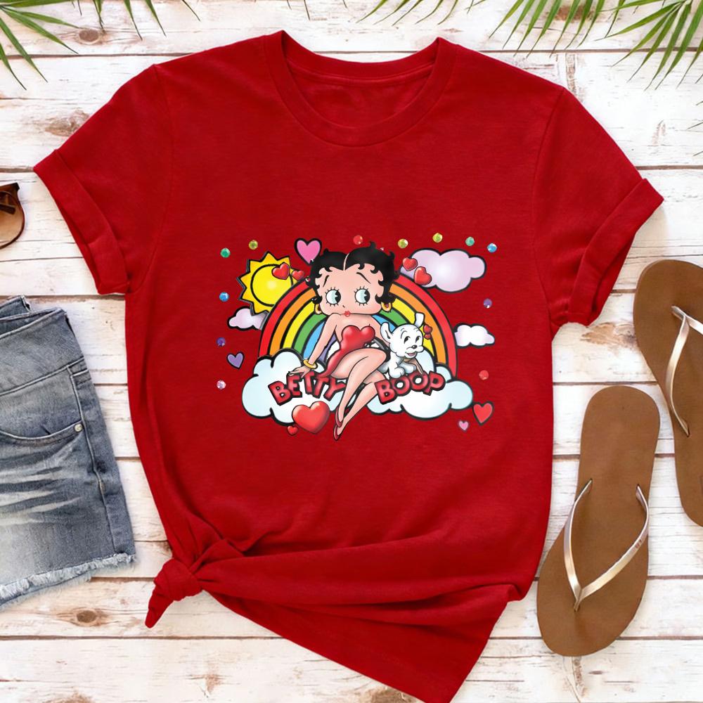 Winking Betty Boop in Red Circle Happy Birthday TShirt Retro Style Women Casual Cotton Short Sleeve Betty Boop Fan Gift Shirt