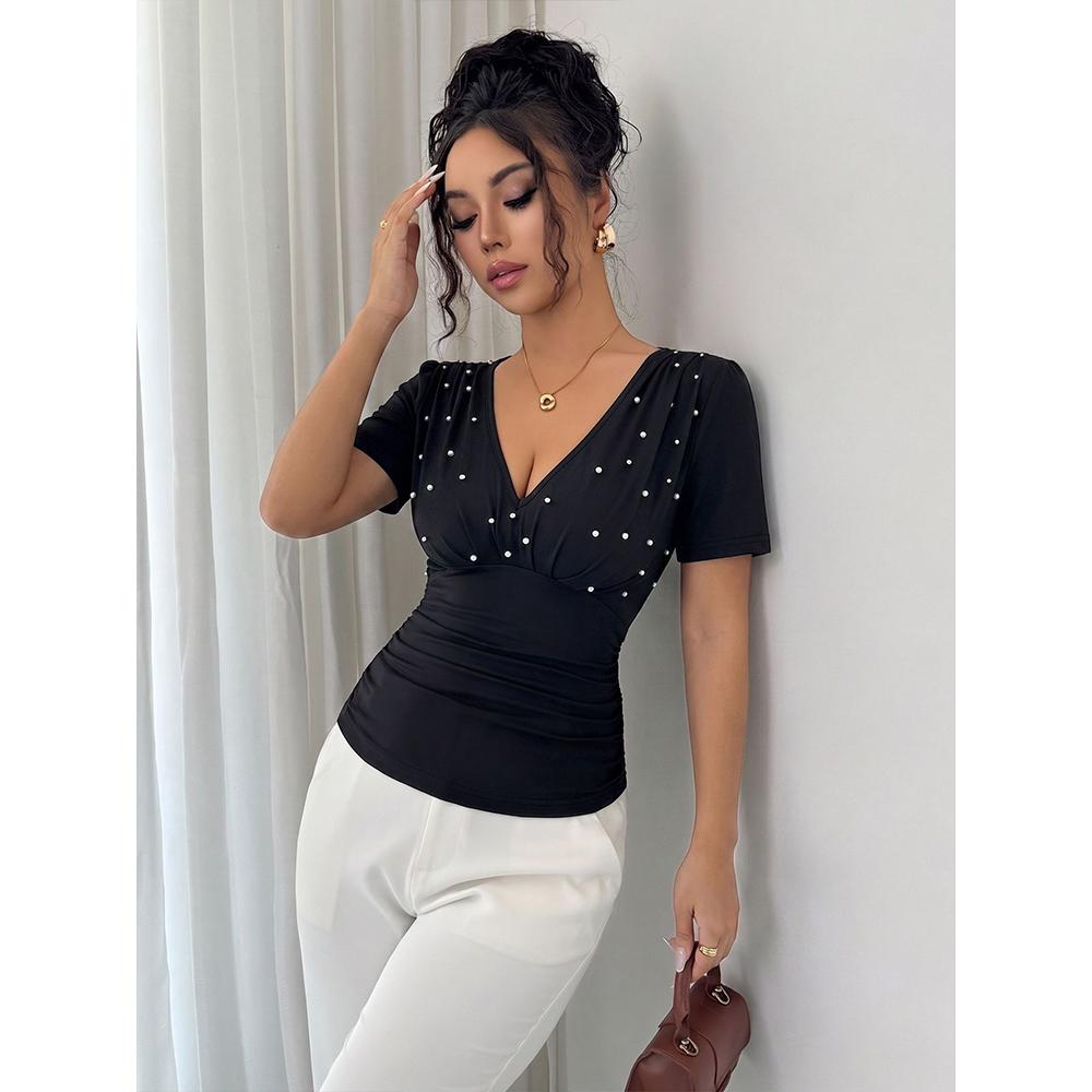 Women's Elegant Pearl Deep V Neck Tops Summer Ruched Short Sleeve Fitted Dressy Casual T Shirts