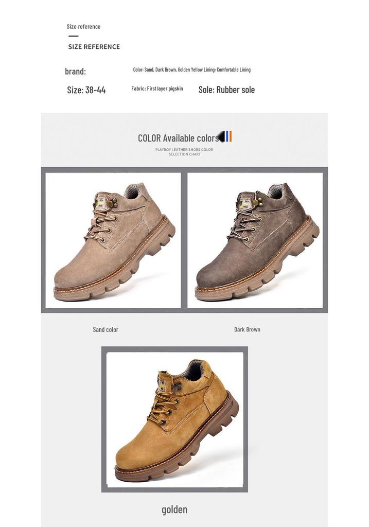 Men's Yellow Leather Toe Cap Pigskin Short Boots - Casual Velvet-Lined Warm Autumn/Winter Style