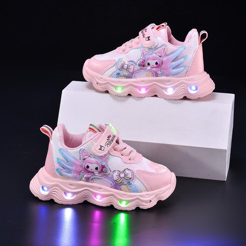 Kids' Kuromi Light-Up Cartoon Sneakers Leather Surface Small/Medium Sizes for Spring/Autumn