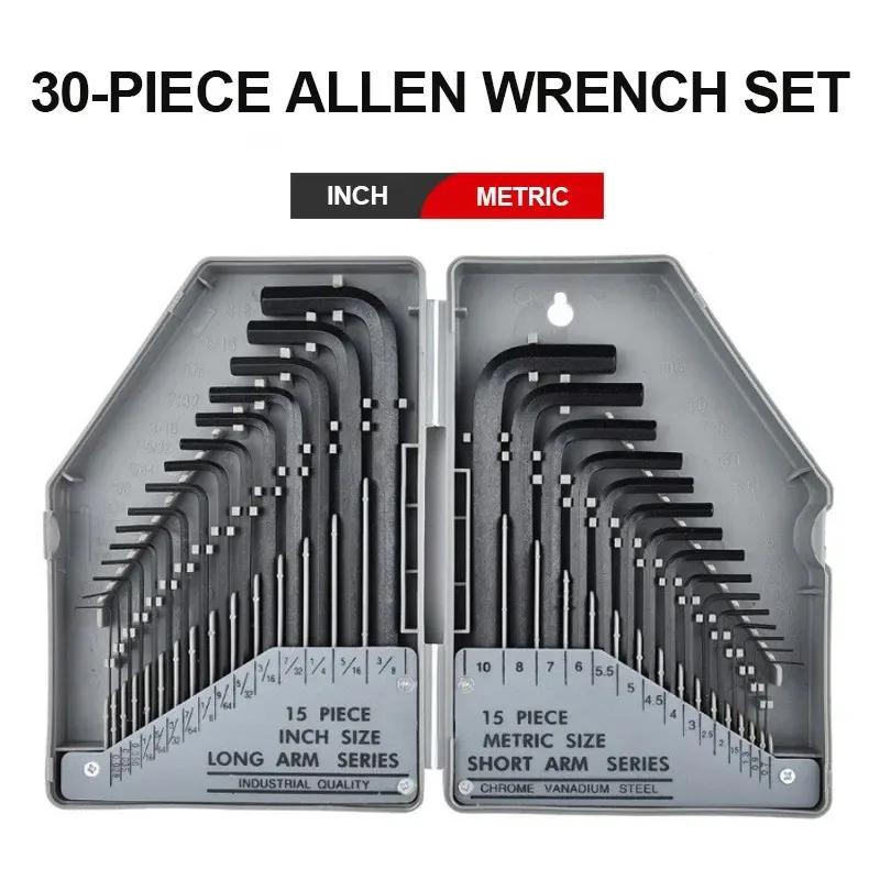 30 Pcs Allen Wrench Set Long Arm Hex Key Allen Wrench 0.028"- 3/8" Inch & 0.7mm-10mm Metric Size Chromium-vanadium Steel Spanner