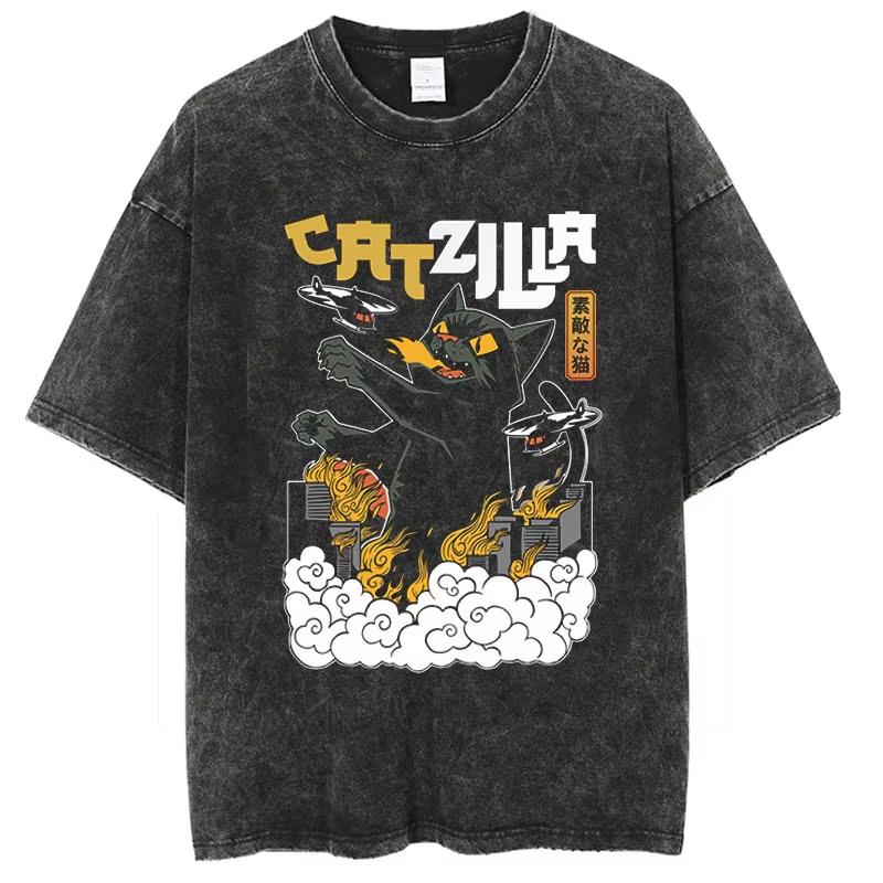 Sommer Amerika Andere Alte Ausgewaschene Grenzüberschreitende Große Größe T-Shirt Catzilla Monster Katze Männliche und Weibliche Studenten Trend