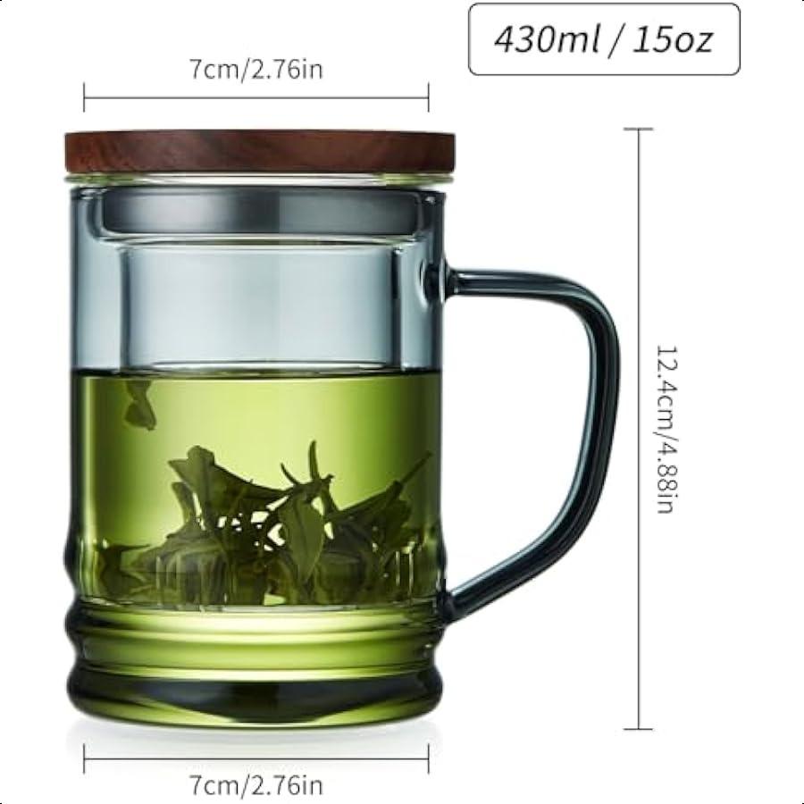 Glass Tea Cup with Infuser and Lid 14.5 fl oz Heat Resistant Borosilicate Glass Tea Infuser Mug for Blooming and Loose Leaf Tea