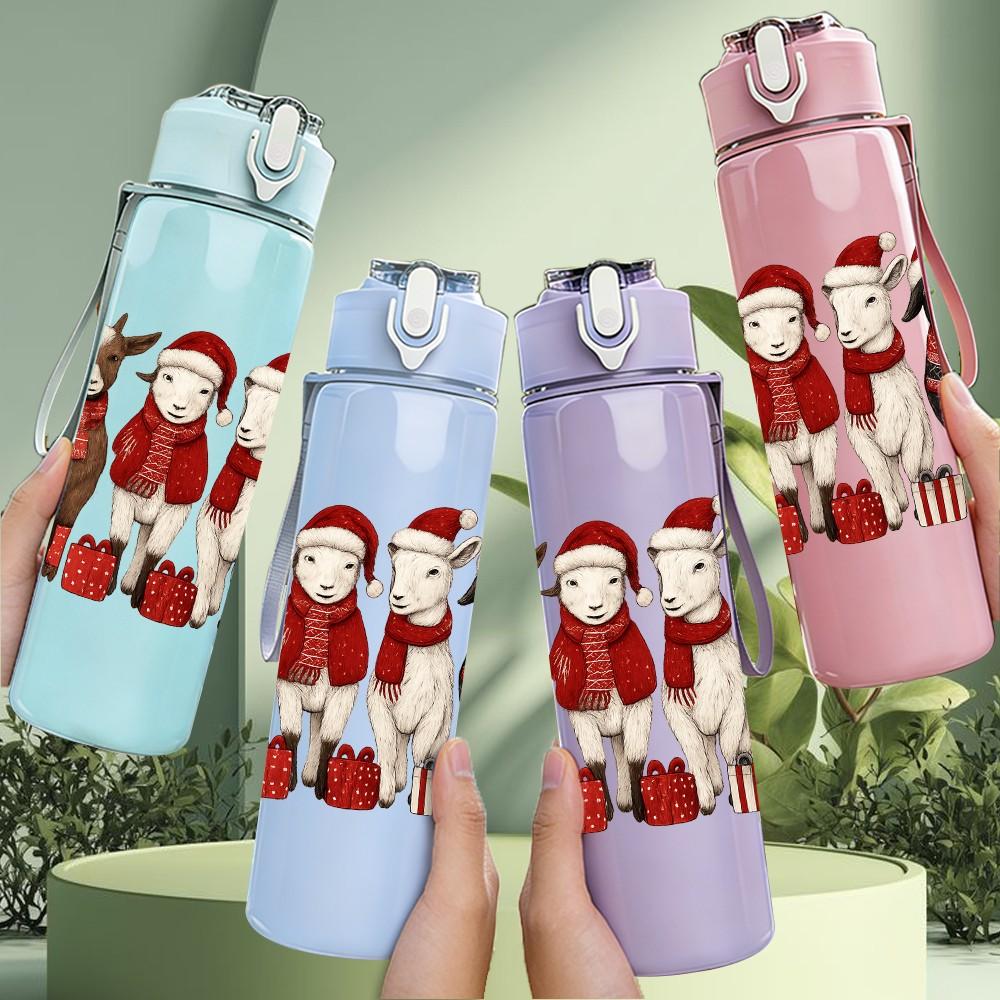 1PC Three Santa Reindeer Cartoon 750ml Color Plastic Sports Water Bottle Leakproof Flip Straw Lid Suitable for Sports Office Home Use