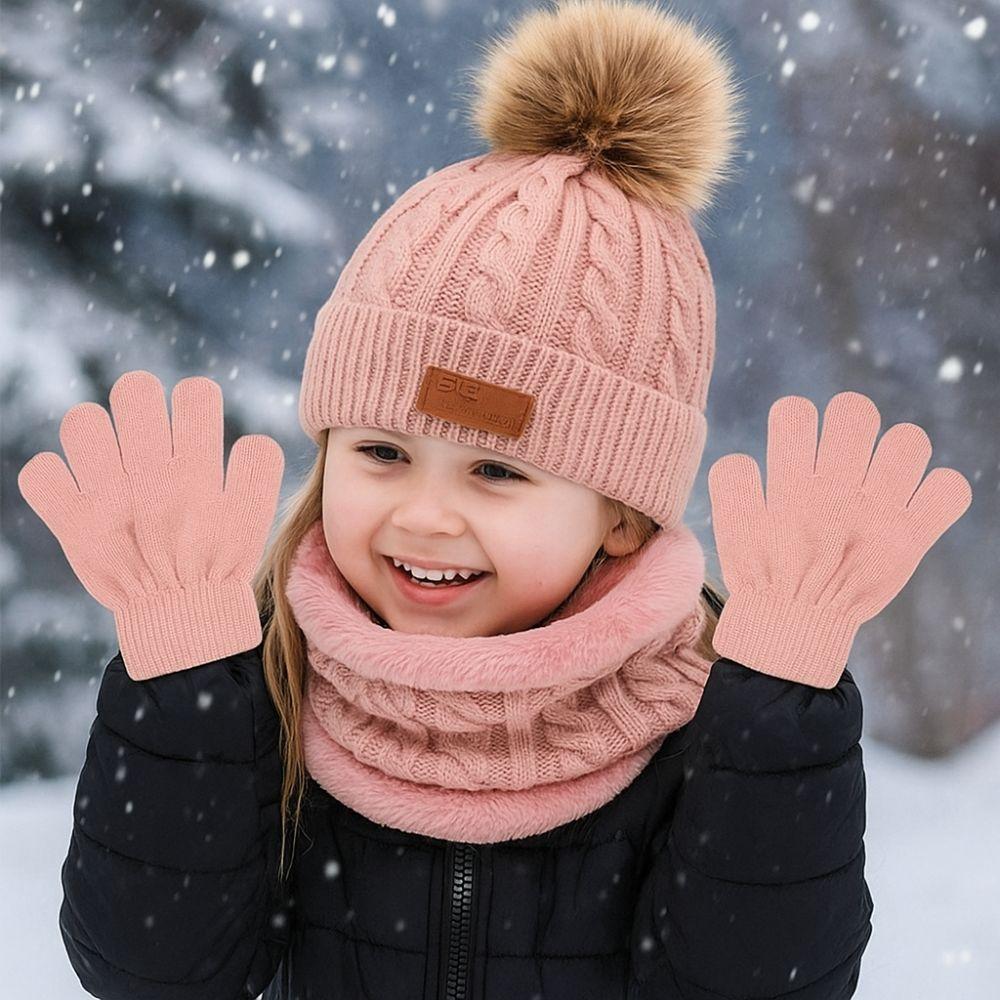 3pcs/set Comfortable Toddler Bonnet Cute Pompom Knitted Hats Kids Hat Set  Autumn Winter