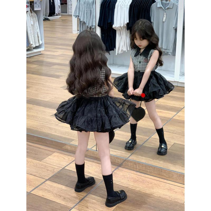Girls Retro Black and White Plaid Sleeveless Top + Black Tutu Skirt 100cm