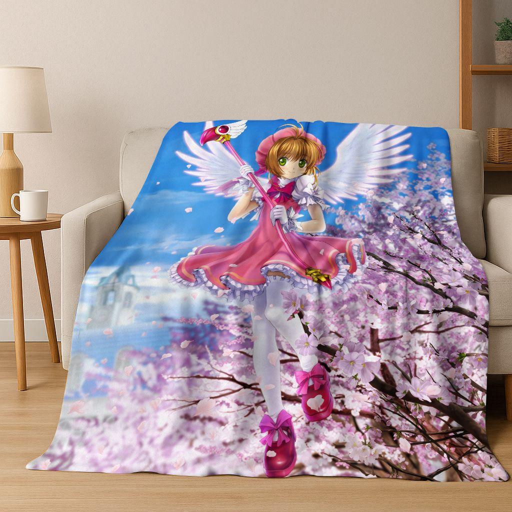 Cute Cartoon Card Captor Sakura Magic Girl Anime Art Flannel Blanket,Cozy Soft Throw Blanket for Home Bedroom Bed Sofa Cover Kid