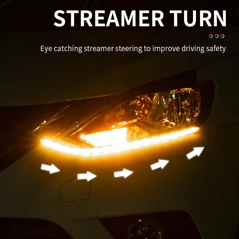 12V LED Daytime Running Light Strip Flexible Waterproof Headlight Turn Signal Yellow Lamp Car Decorative Driving Lights DRL 2Pcs Dome Lights 6