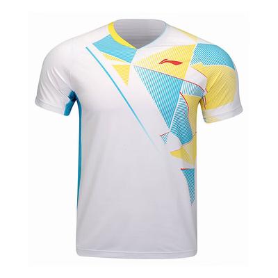 Li Ning Badminton Serie Bedrucktes V-Ausschnitt Bequemes Atmungsaktives Kurzarm Badmintonshirt Herren Tops Standard-Weiß AAYU139-2