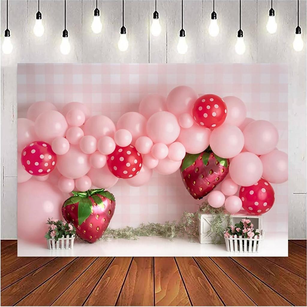 Pink Balloons Strawberry Photography Background Girls Birthday Party Decoration Sweet First Birthday Party Supplies Baby Shower Party Cake Smash