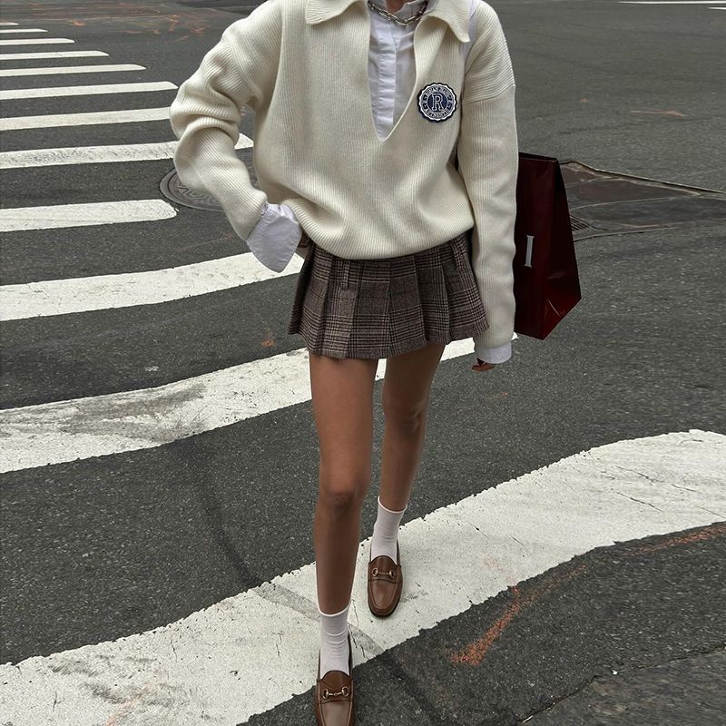 

Странный Кот Американский Ретро Британский Колледж Стиль Вязаные Топы с Длинными Рукавами Юбка Плиссе Комплект из Двух Предметов Женский Skirt S