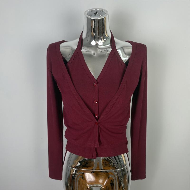 Korean Dongdaemun Elegant Halter Neck Slimming Long Sleeve T-shirt for Women