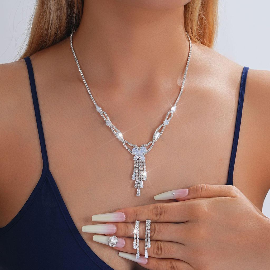 European-American Rhinestone Teardrop Necklace & Earring Set: Korean-Style Bridal Temperament Collarbone Chain Jewelry for Women