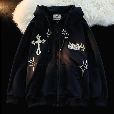 Frauen Retro Stickerei Hoodies Hip Pop High Street Harajuku Jacke Zip Up Hoodie Weibliche Y2K Casual Lose Langarm Sweatshirt