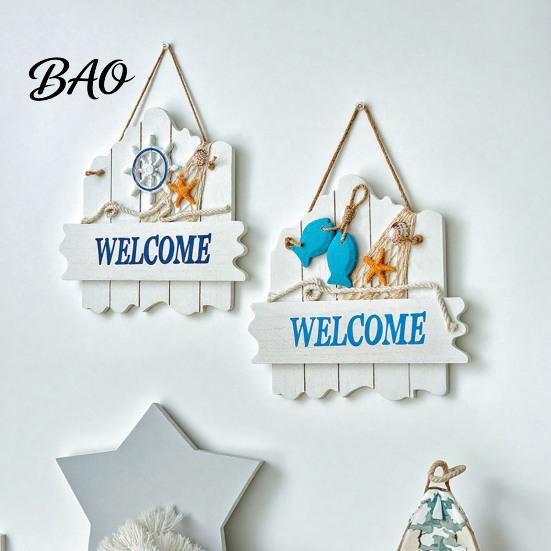 Beach House Accessories Mediterranean Style Wooden Welcome Sign, Starfish And Shells Hanging Seaside Inspired Wall Ornament Plaque, Decorative Art for