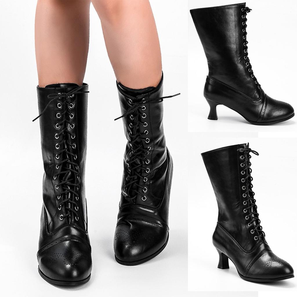 Women Pointed Toe Lace Spike Heels Punk Med Heels Boots Shoes