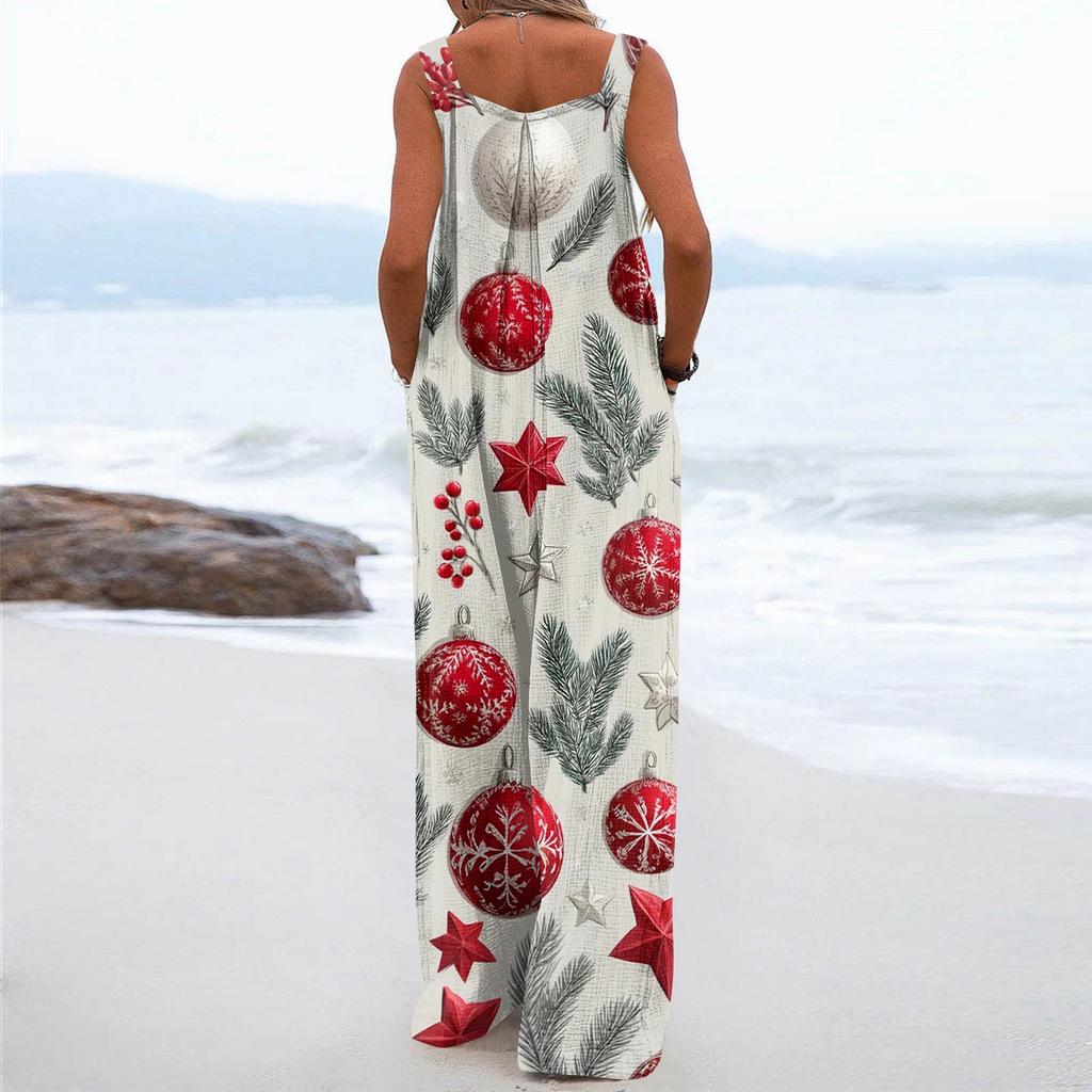 Women's Christmas Print Solid Wide Leg Strapless Tank Pocket Casual Onesie