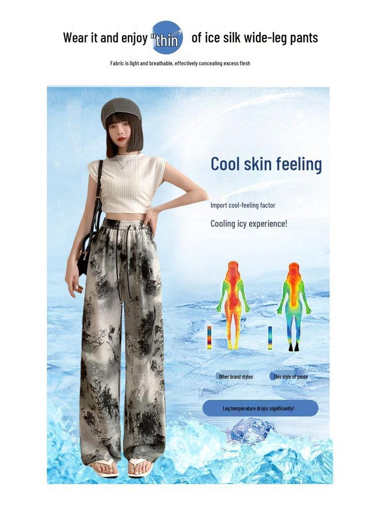 Chinese Style Ink Wash Tie-Dye High-Waisted Wide-Leg Ice Silk Pants for Women