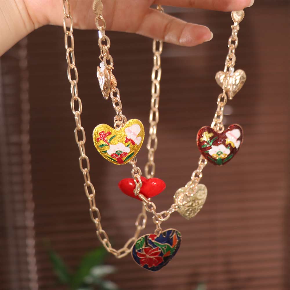 Unique Heart and Butterfly Pendant Gold Bohemian Collarbone Chain Multi-Layer Enamel Necklace  Gift