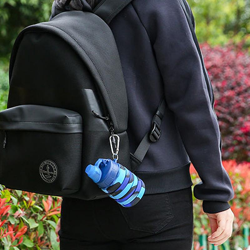 Portable Collapsible Silicone Water Bottle With Lid Camouflage Foldable Kettle For Sports Travel Drinking Cup With Carabiner Cup