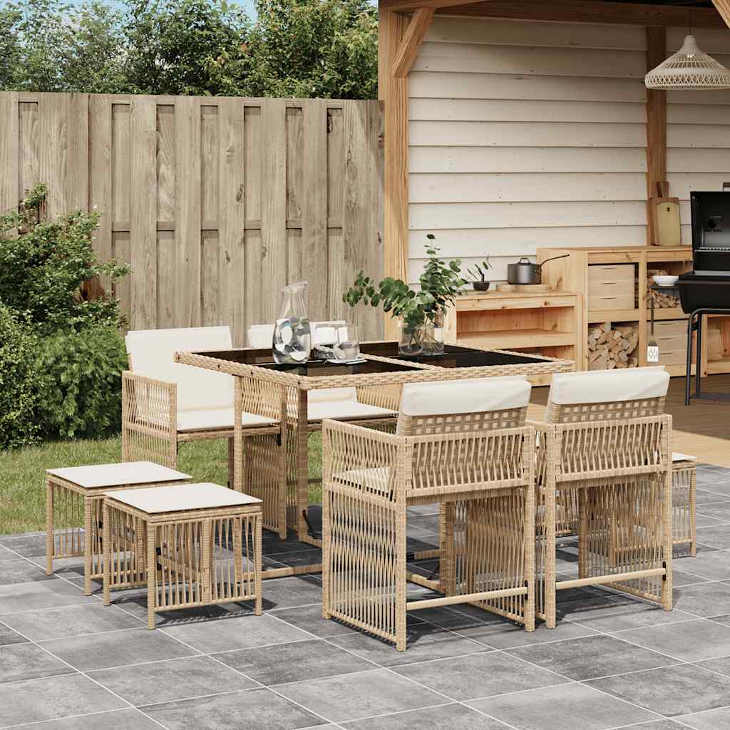 Vidaxl 9-Cz. Garden Furniture Set With Cushions, Beige, Poly Rattan
